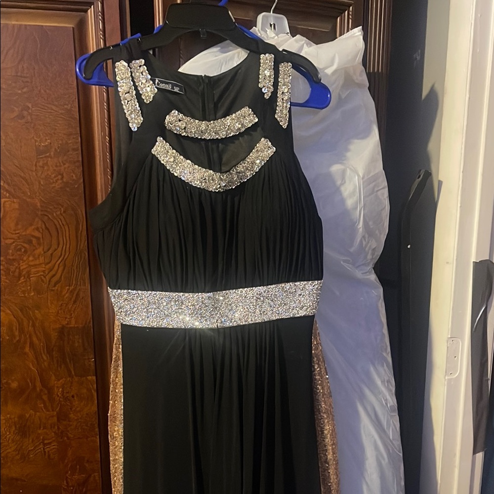 Elegant Black and Gold Gown with Silver Accents